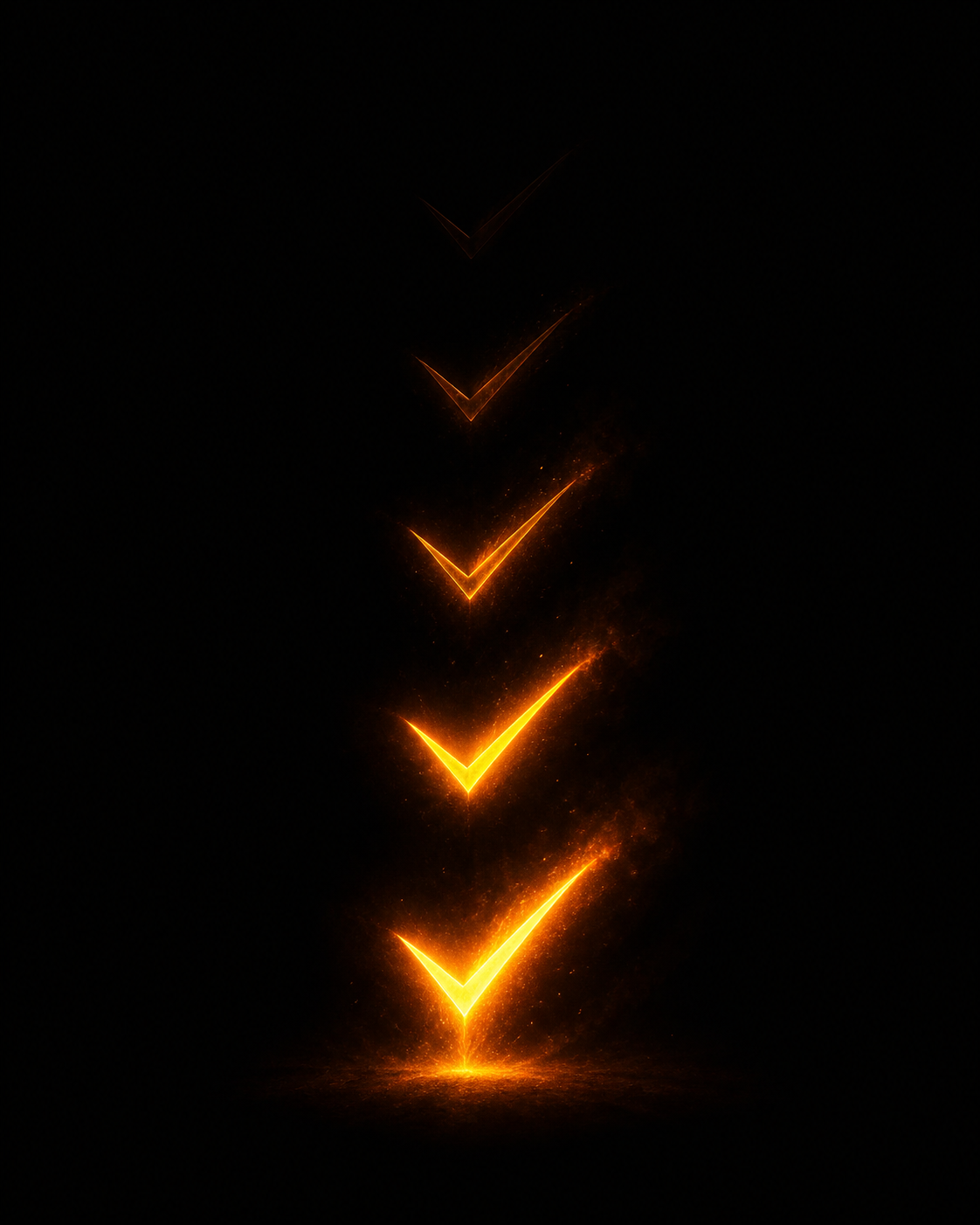 Glowing amber checkmarks against deep black