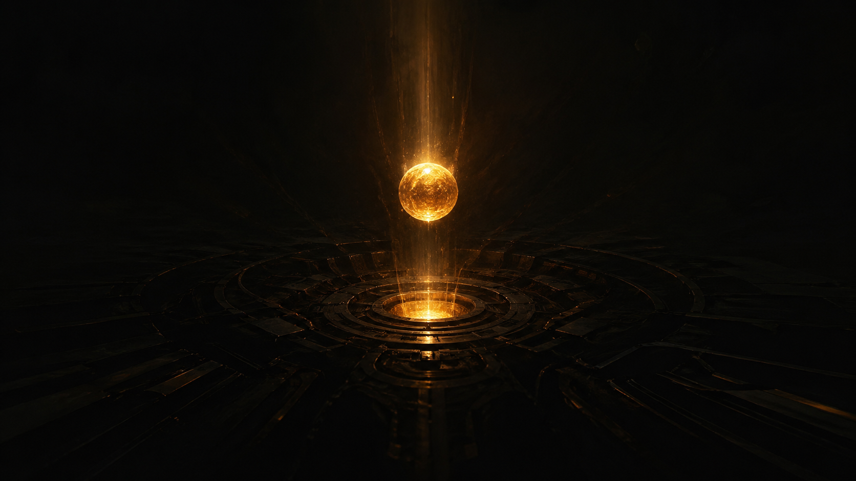 Orb of amber light descending into dark machinery