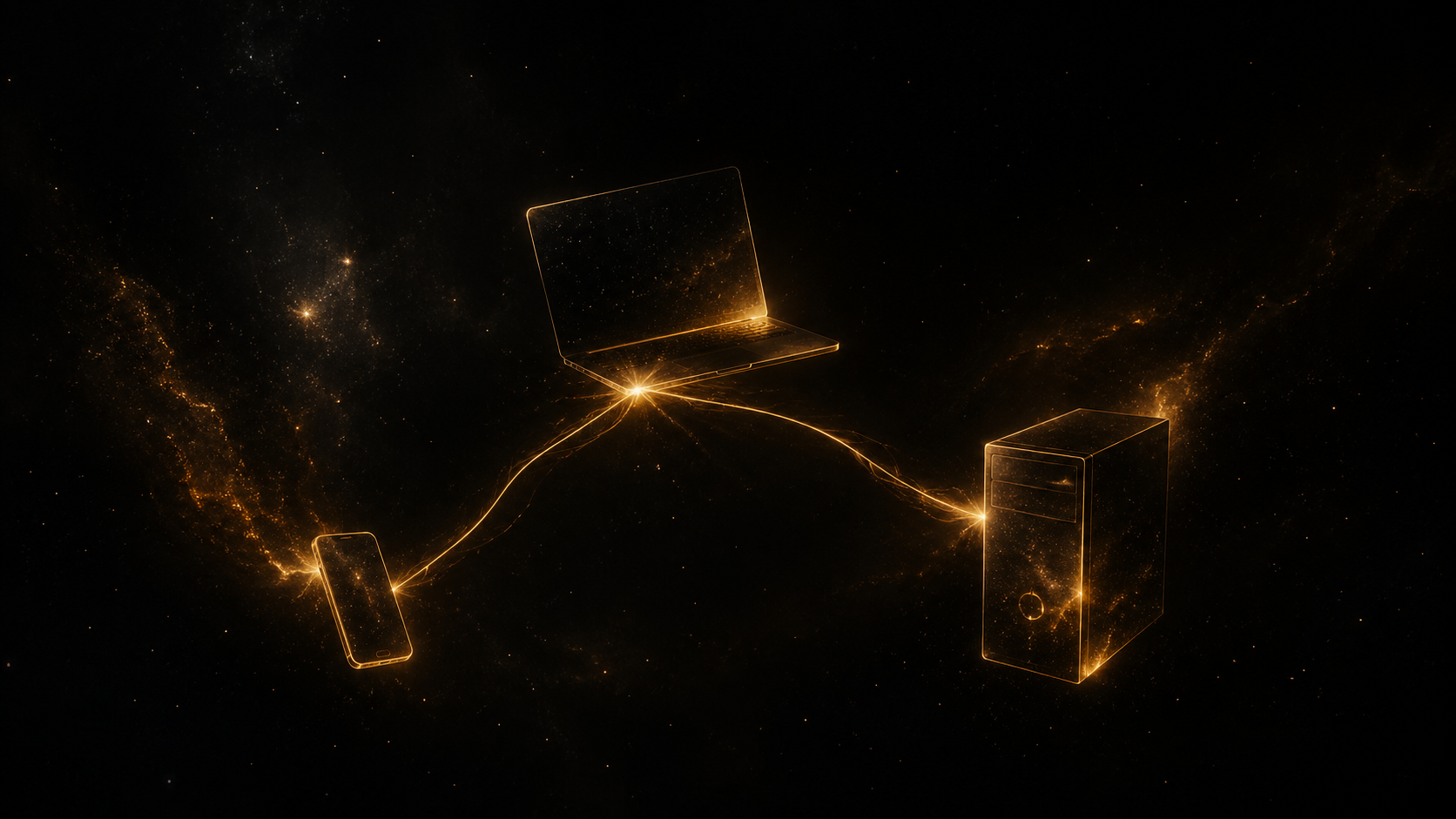 Three devices connected by amber lines in dark space