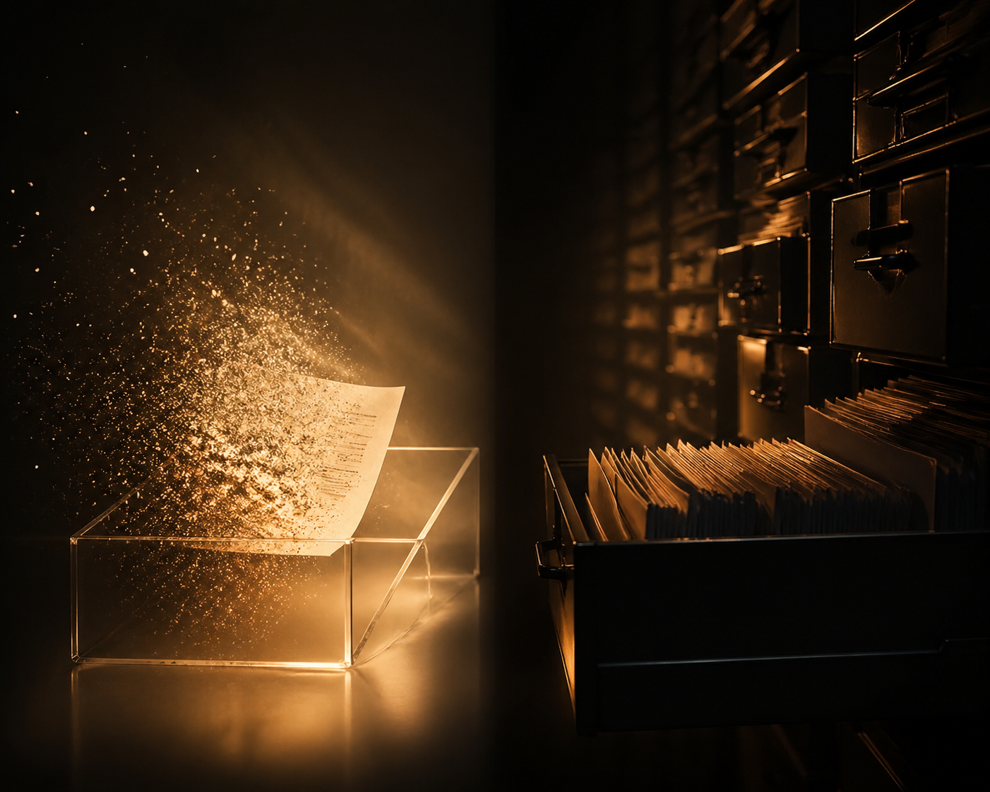 Documents dissolving on one side, archived on the other