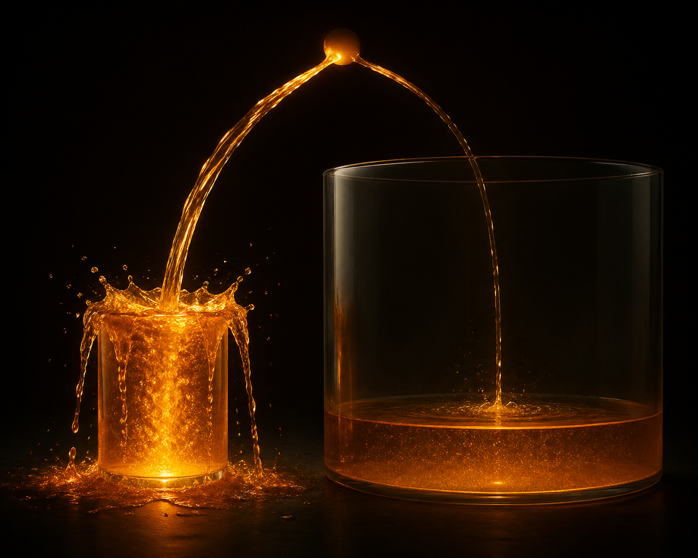 Two containers filling with amber liquid at different rates