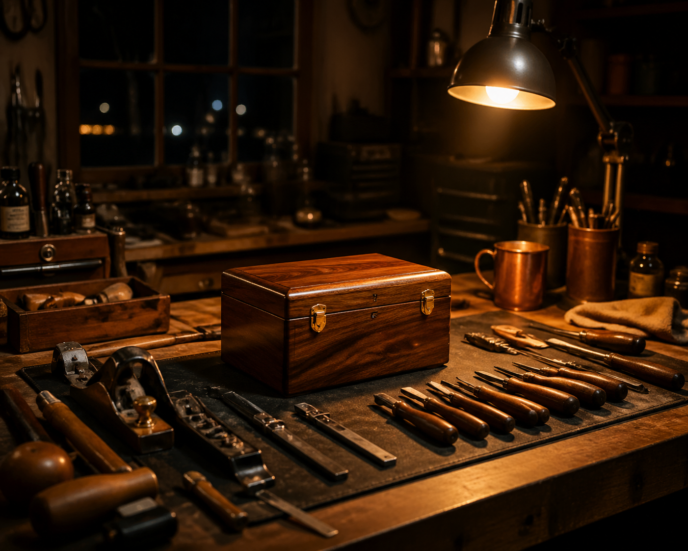 Dark workbench with amber light, work done
