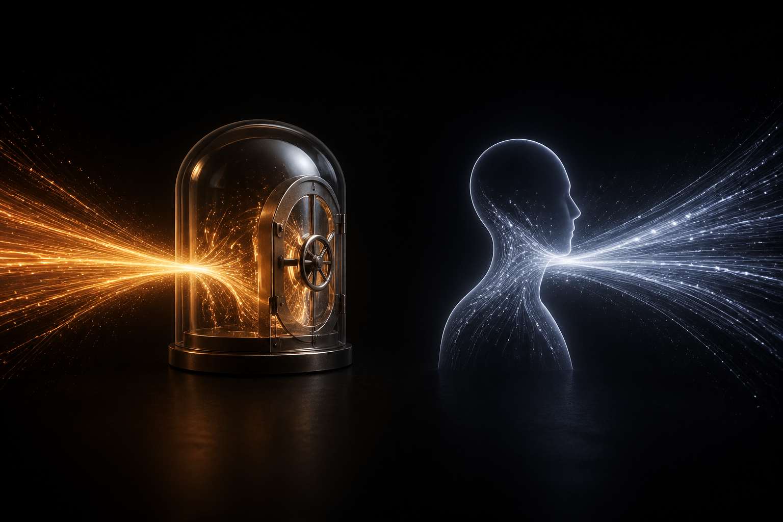 Two streams of light flowing in opposite directions — paid privacy vs. free training