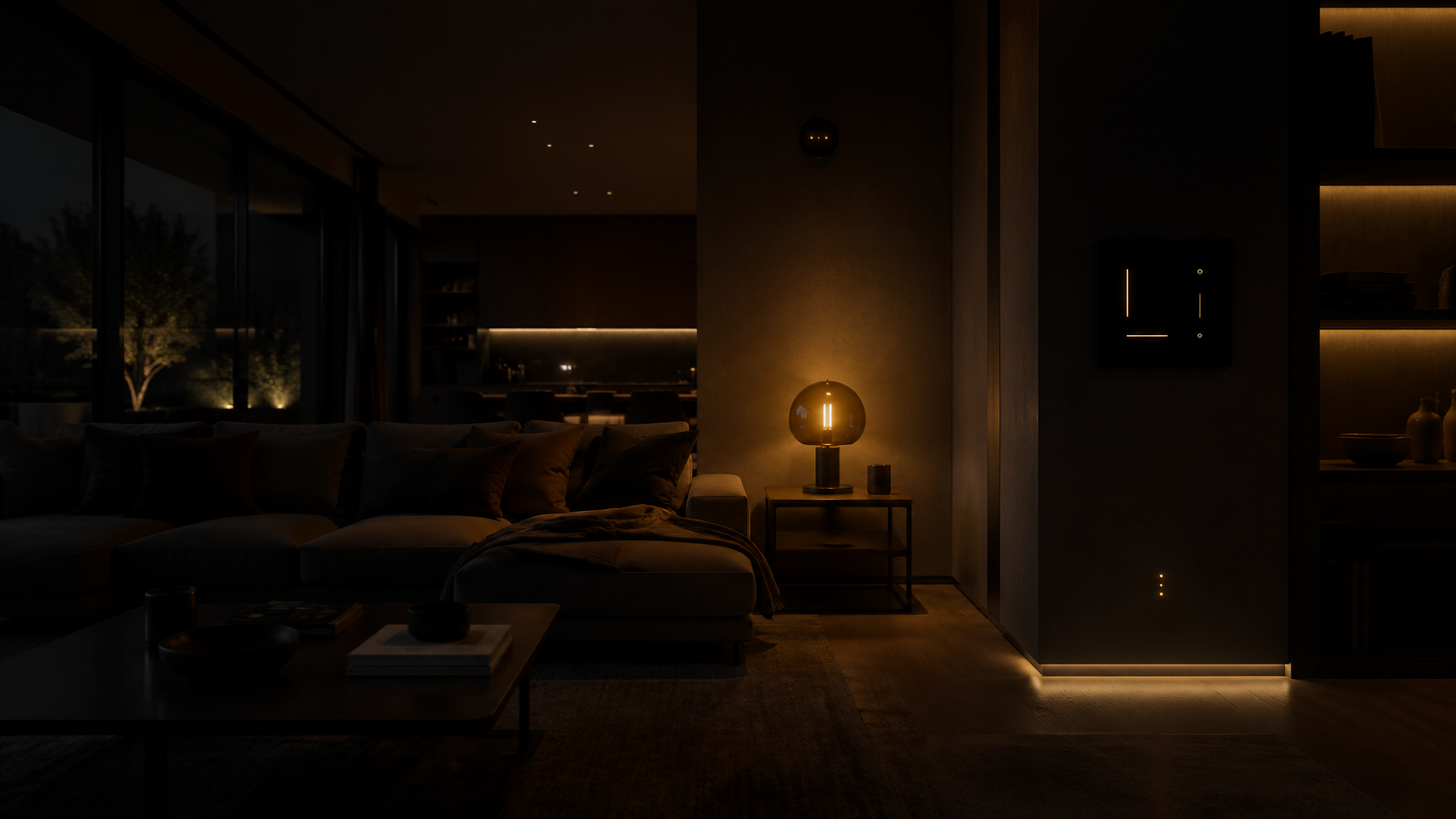 Dark living room at night — ambient intelligent space, present but unobtrusive
