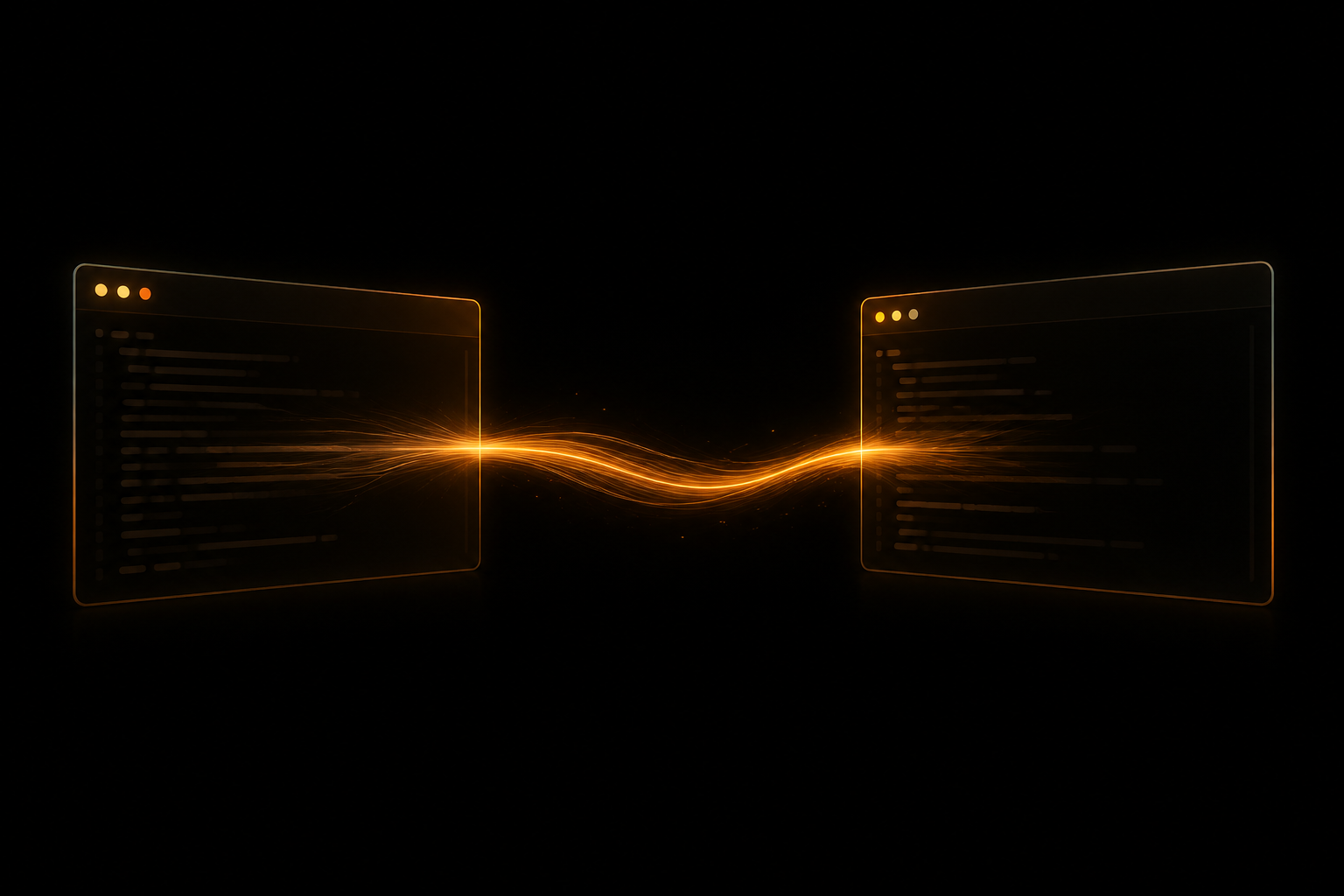 Two terminal windows joined by an unbroken thread of amber light — context carried forward