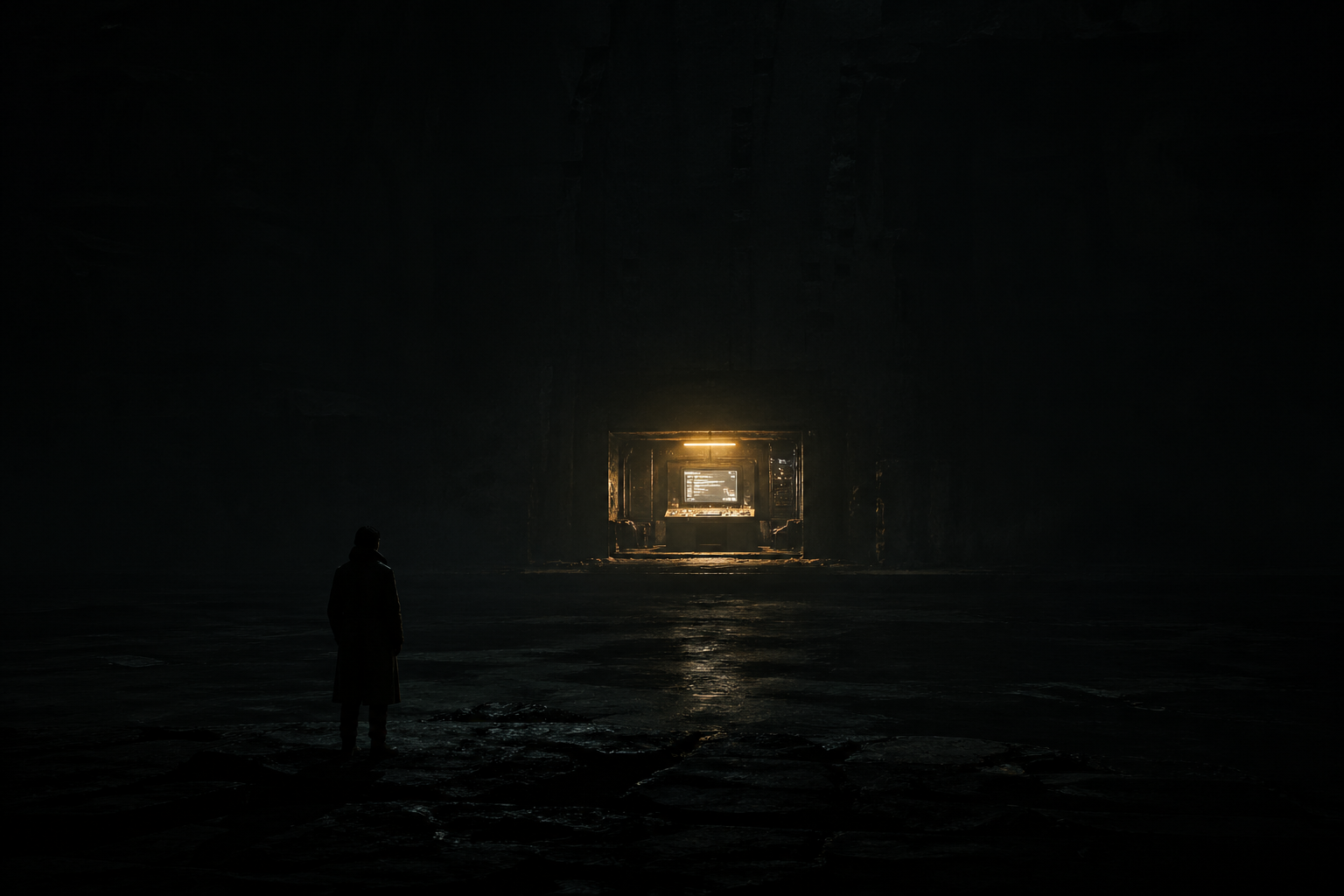 A single glowing terminal in darkness, a figure watching from a distance — the outside observer looking in