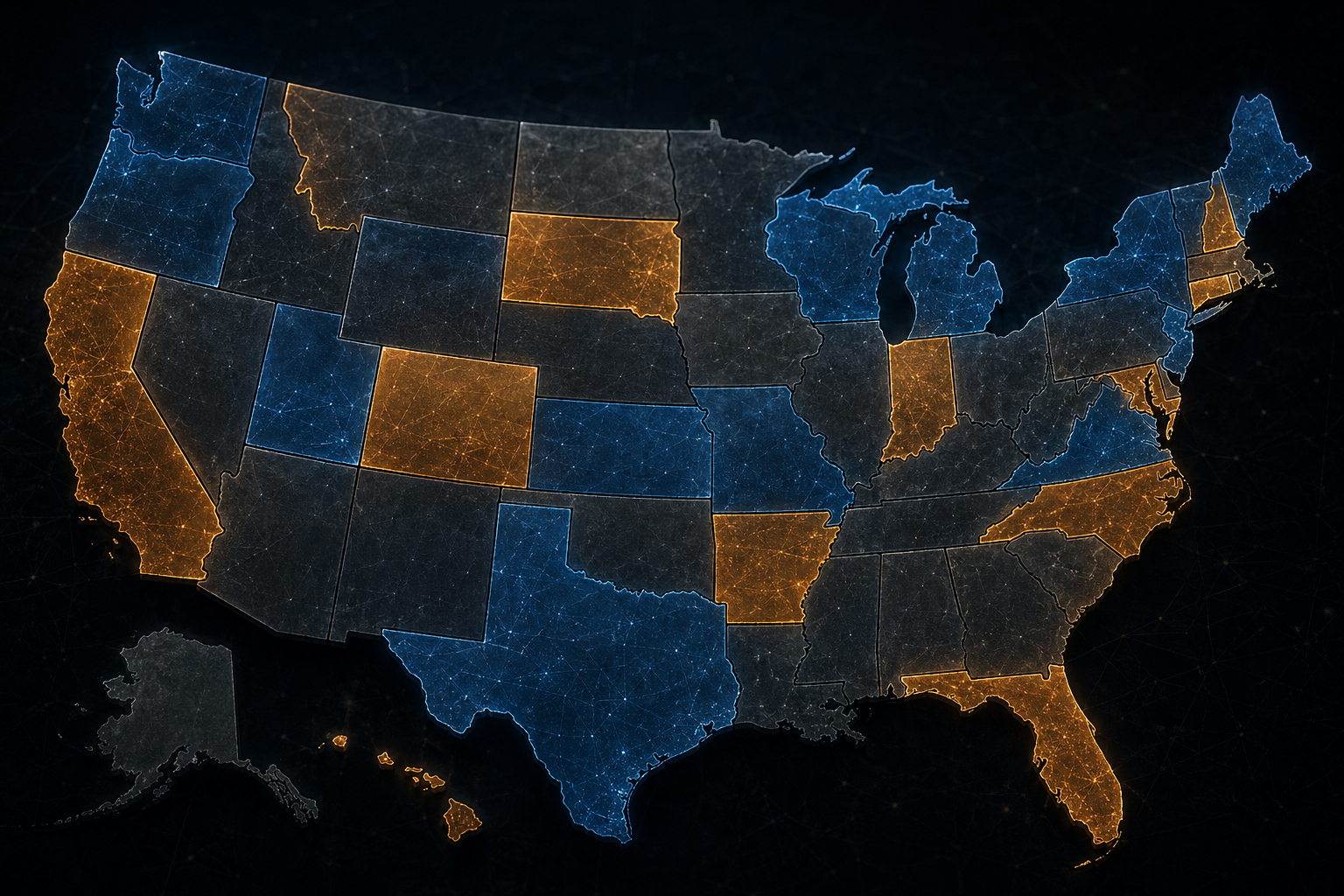 Abstract network of US states in darkness, some glowing amber, some cool blue, some gray — the patchwork of AI law across America