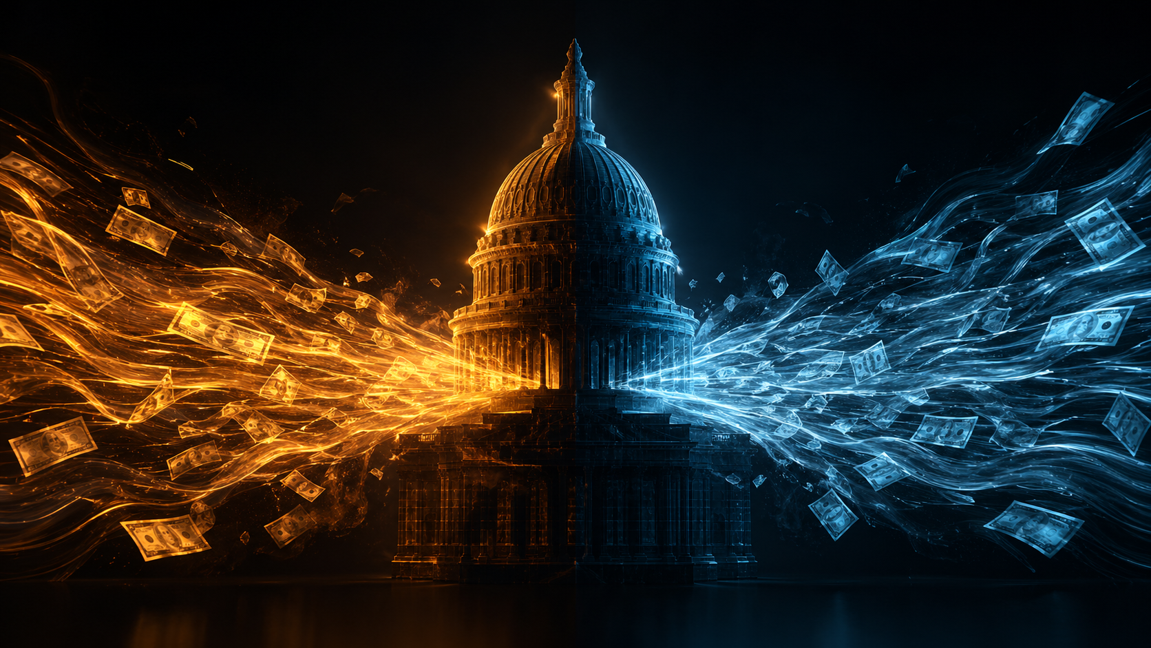 Dark abstract: money flowing in two directions through an abstract Capitol-shaped silhouette, amber on one side and cool blue on the other