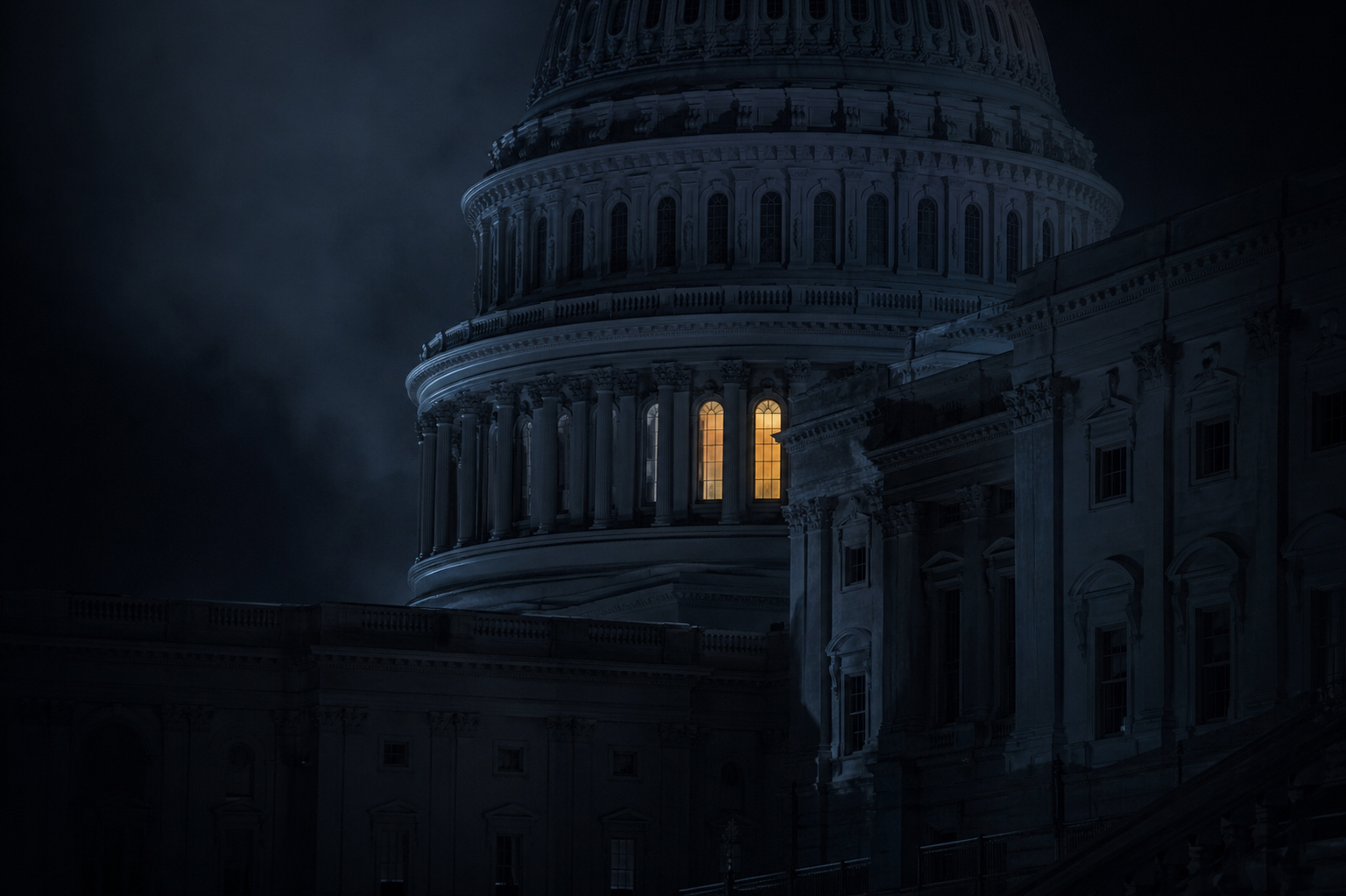 The U.S. Capitol building at night, cold institutional blue light, a single warm window