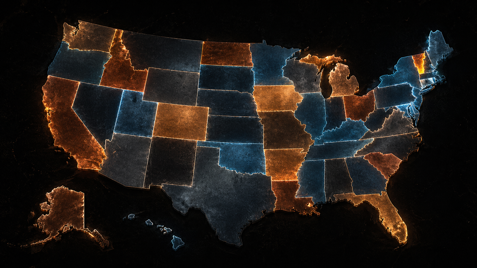 Abstract map of the United States in darkness with different states glowing in different colors