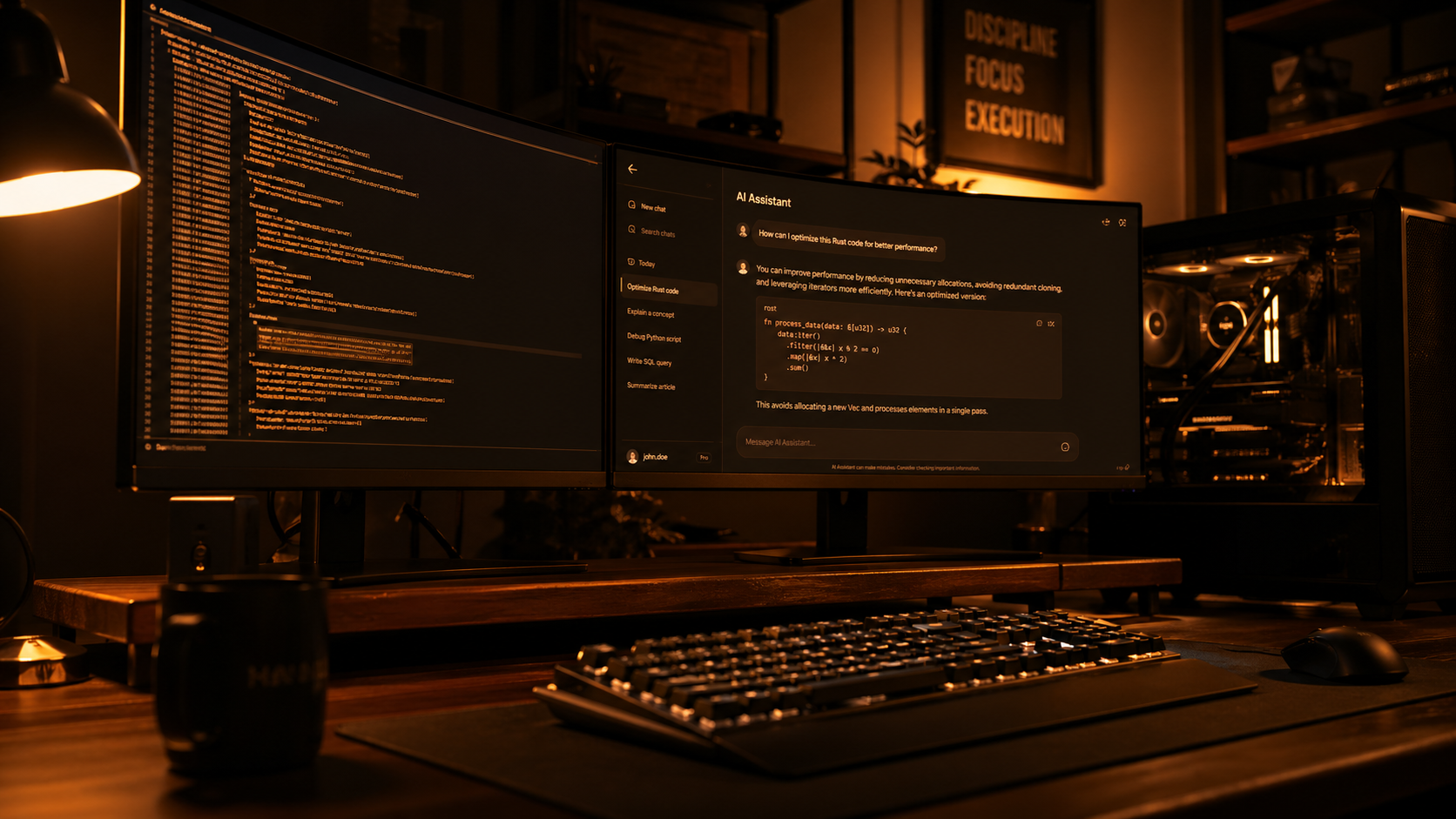 Dark home office at night — dual monitors with amber-text terminal and chat interface, mechanical keyboard in foreground, PC tower in warm side light